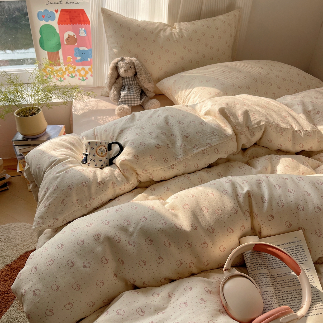 91家纺网 家纺一手货源 找家纺 萝莉家纺 2026新款全棉双层纱四件套 波点小猫