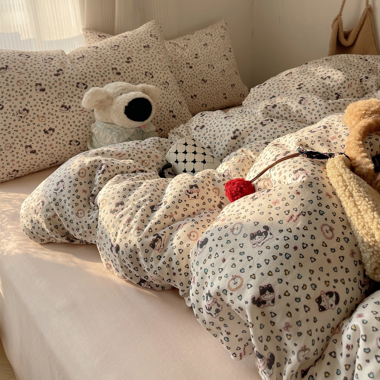 91家纺网 家纺一手货源 找家纺 萝莉家纺 2026新款全棉双层纱四件套 爱心猫咪