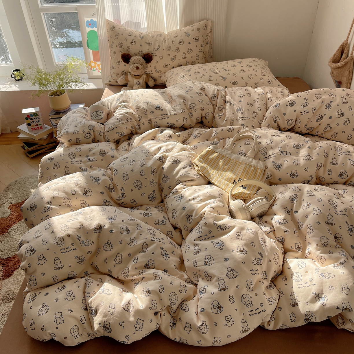 91家纺网 家纺一手货源 找家纺 萝莉家纺 2026新款全棉双层纱四件套 贪吃的猫