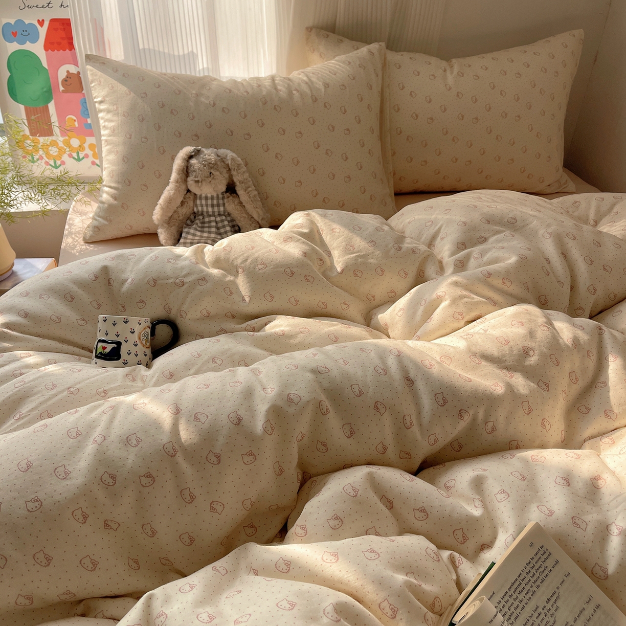 91家纺网 家纺一手货源 找家纺 萝莉家纺 2026新款全棉双层纱四件套 波点小猫