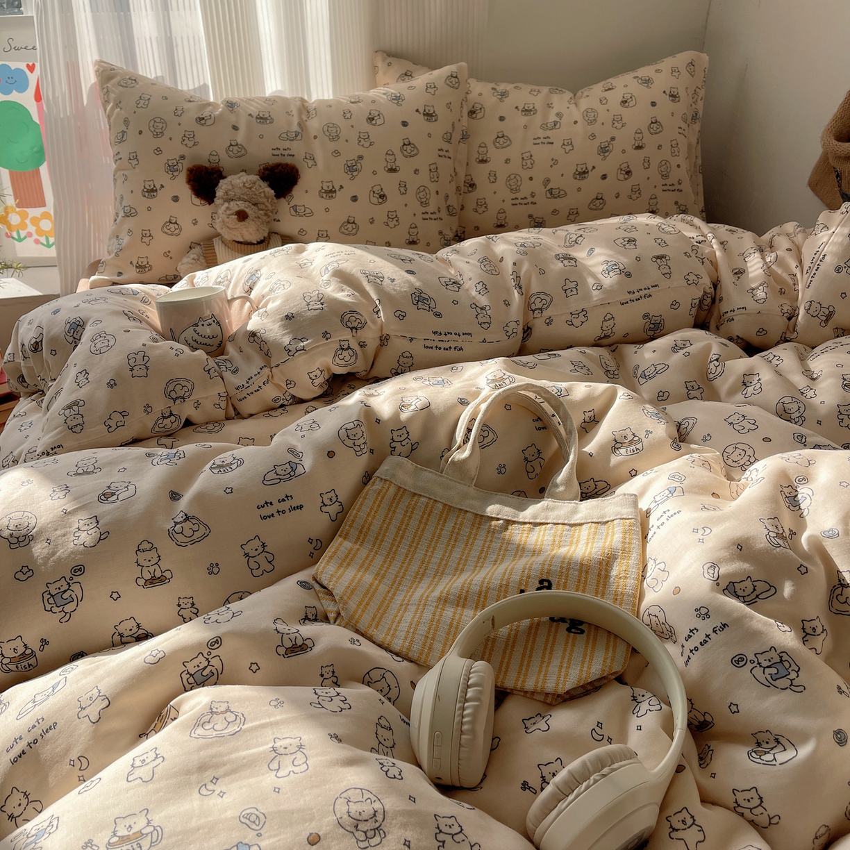 91家纺网 家纺一手货源 找家纺 萝莉家纺 2026新款全棉双层纱四件套 贪吃的猫