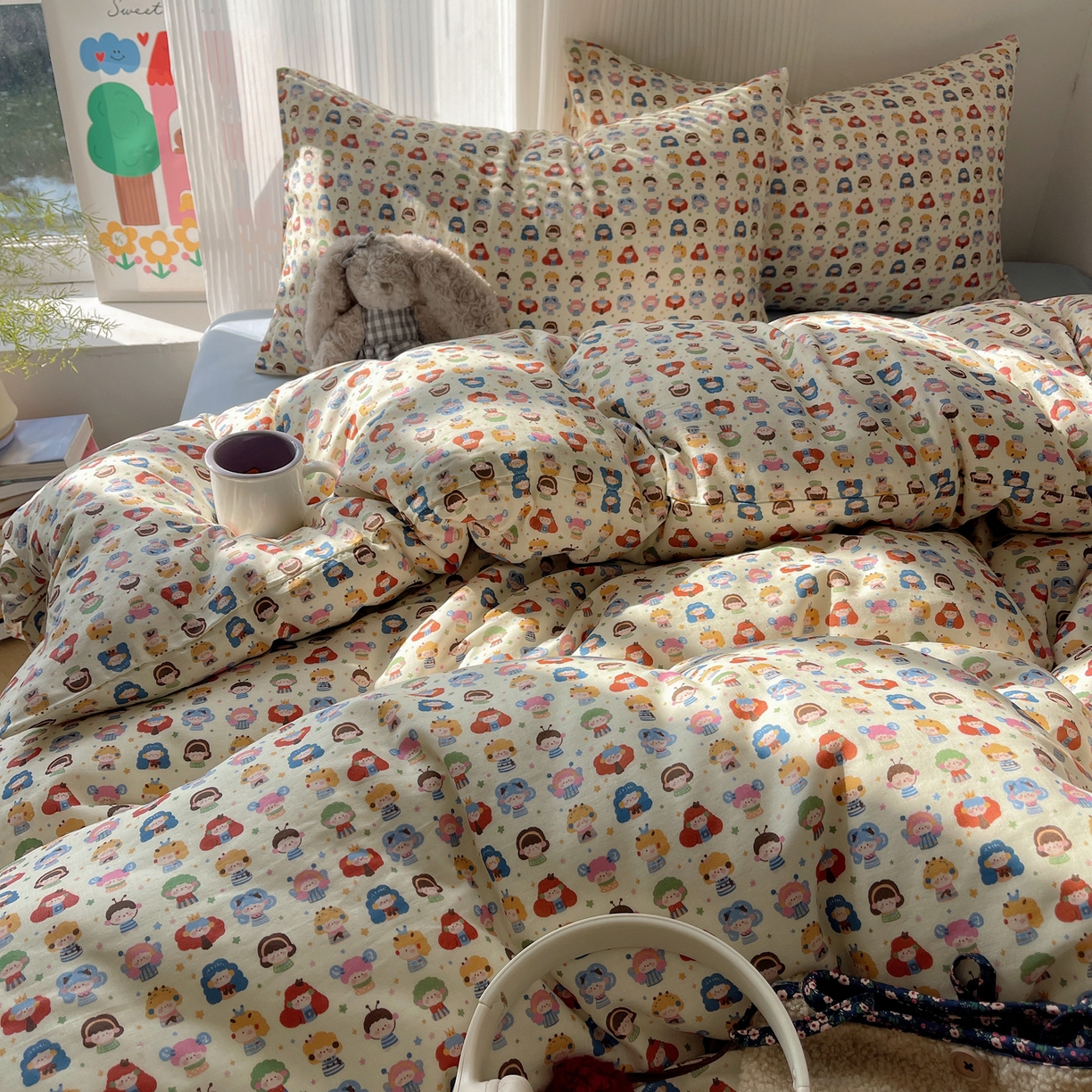 91家纺网 家纺一手货源 找家纺 萝莉家纺 2026新款全棉双层纱四件套 快乐大家族