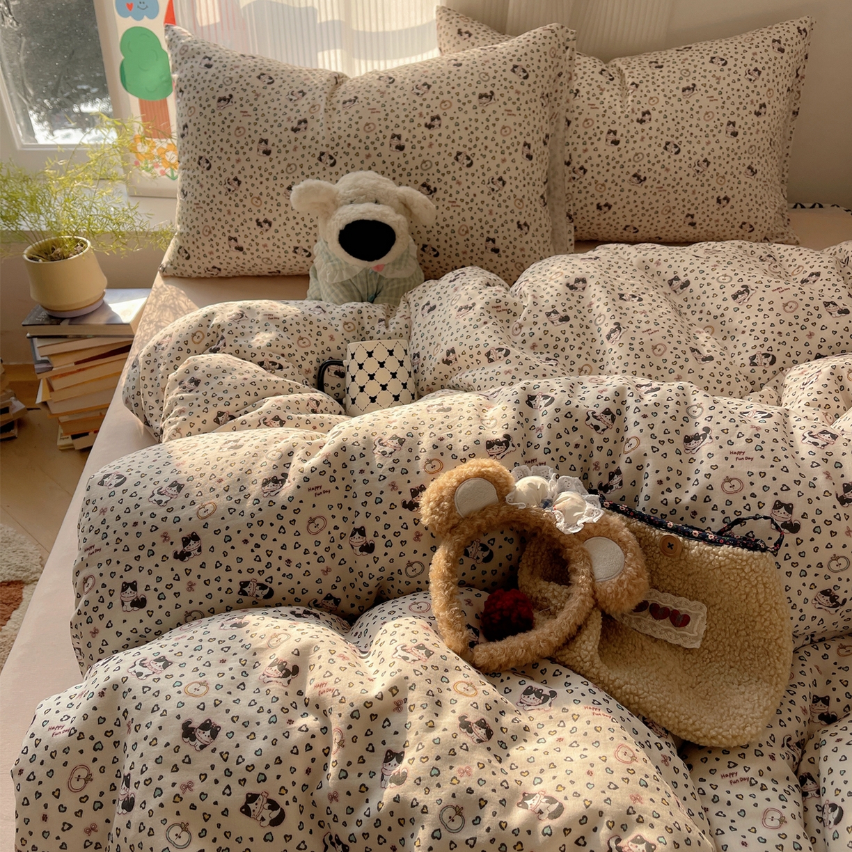 91家纺网 家纺一手货源 找家纺 萝莉家纺 2026新款全棉双层纱四件套 爱心猫咪