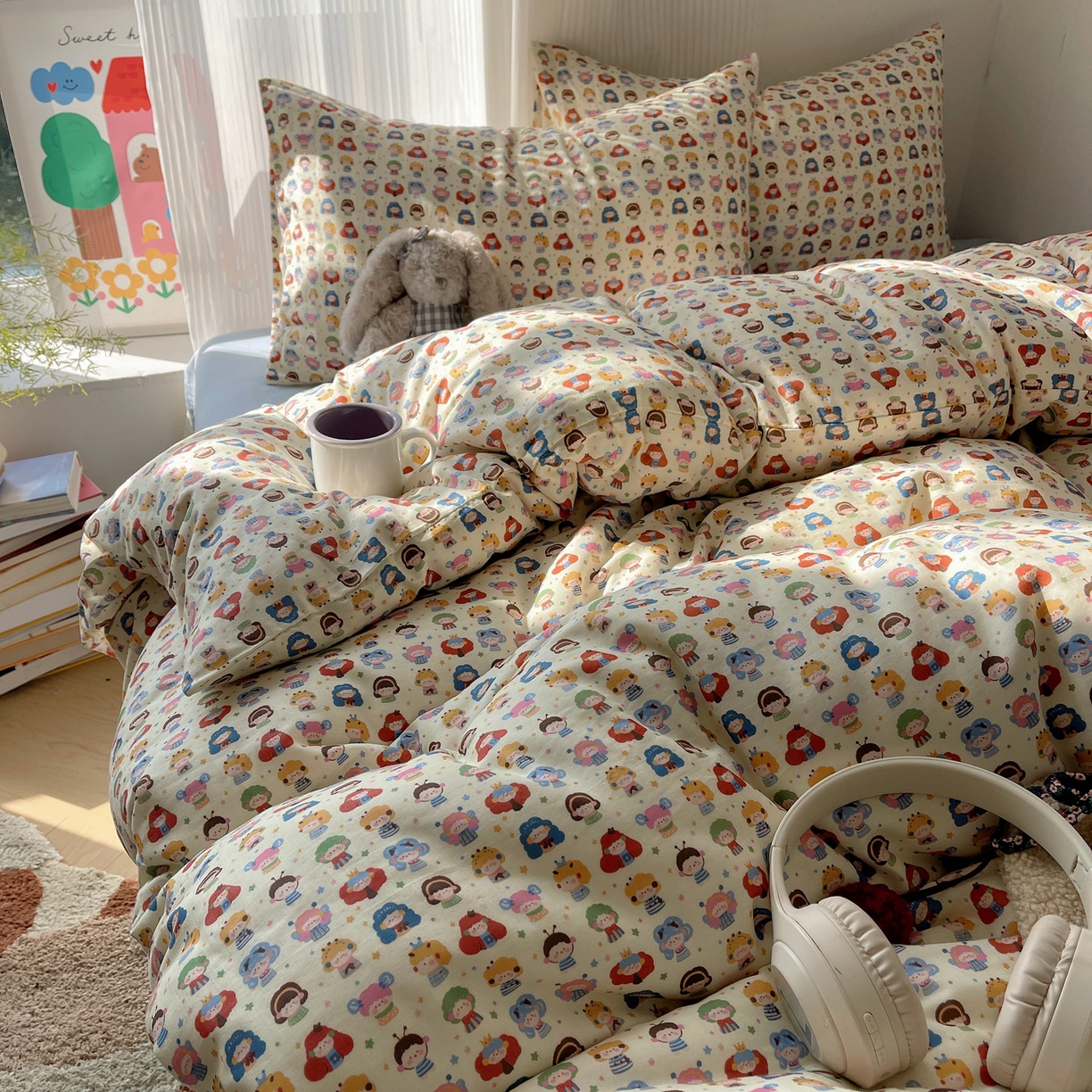 91家纺网 家纺一手货源 找家纺 萝莉家纺 2026新款全棉双层纱四件套 快乐大家族