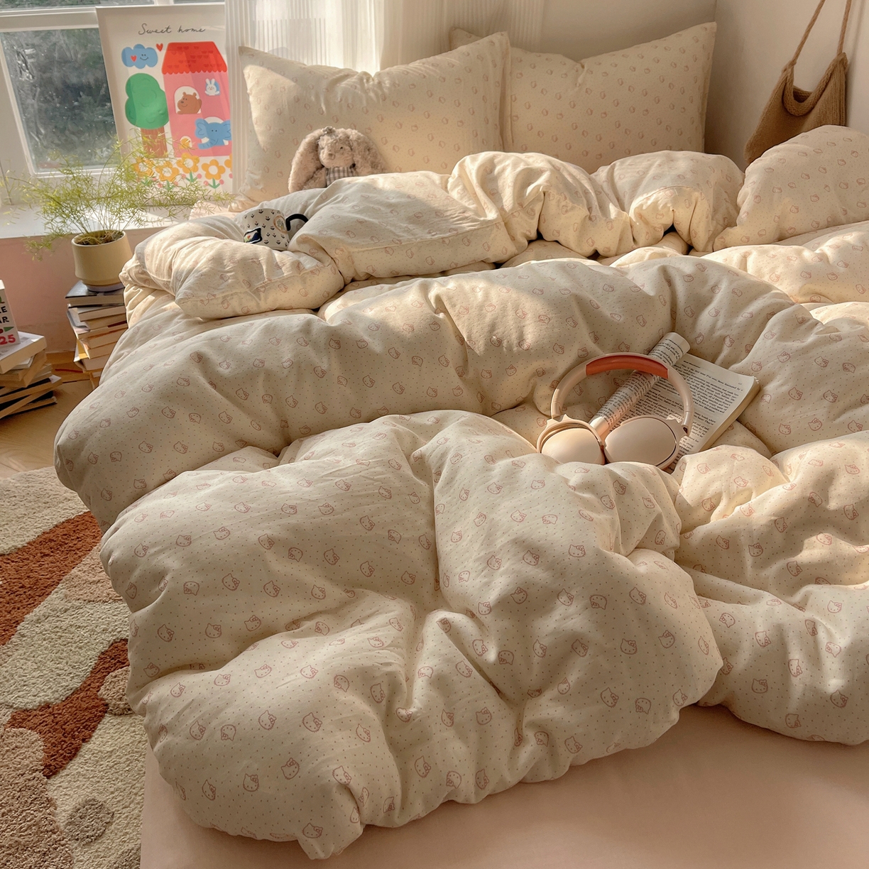 91家纺网 家纺一手货源 找家纺 萝莉家纺 2026新款全棉双层纱四件套 波点小猫