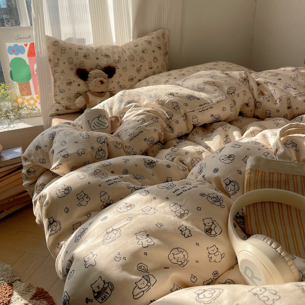 91家纺网 家纺一手货源 找家纺 萝莉家纺 2026新款全棉双层纱四件套 贪吃的猫