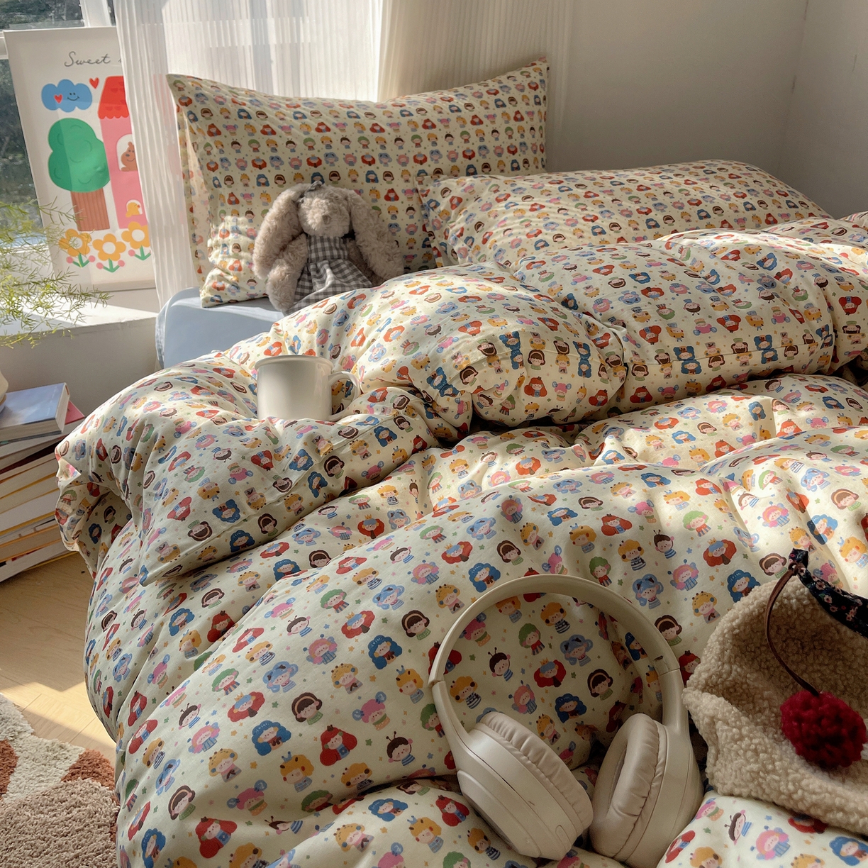 91家纺网 家纺一手货源 找家纺 萝莉家纺 2026新款全棉双层纱四件套 快乐大家族