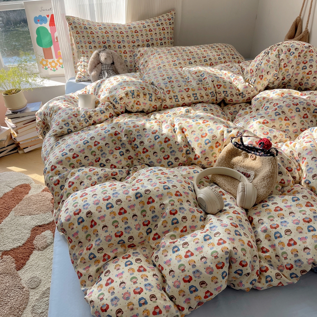 91家纺网 家纺一手货源 找家纺 萝莉家纺 2026新款全棉双层纱四件套 快乐大家族