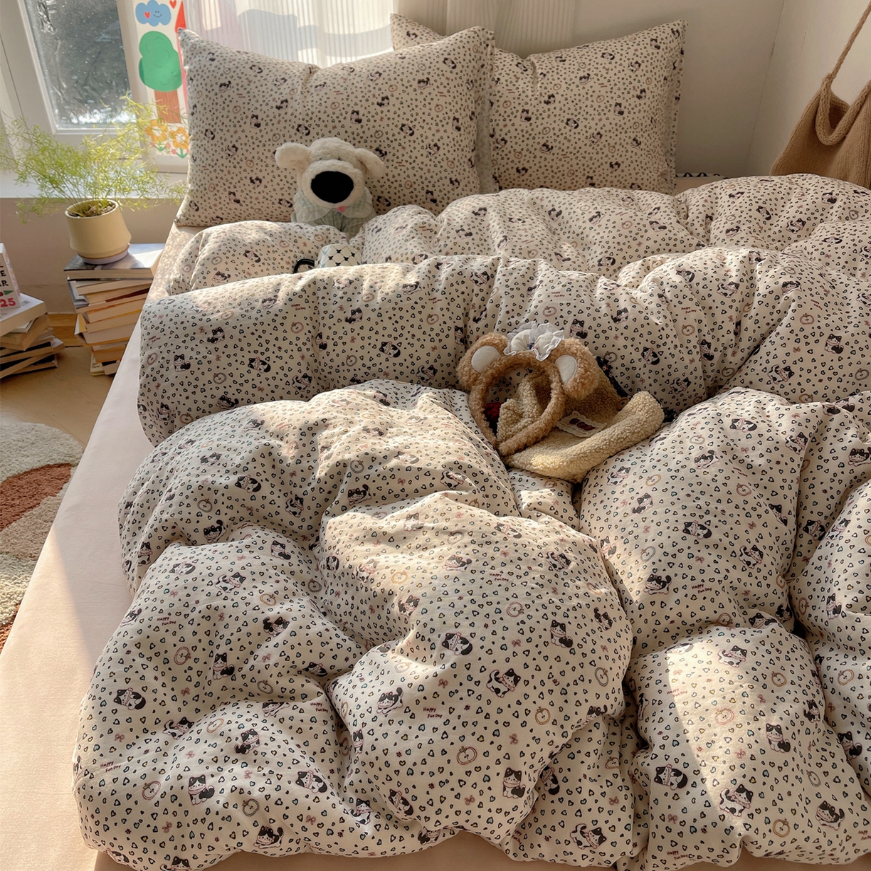 91家纺网 家纺一手货源 找家纺 萝莉家纺 2026新款全棉双层纱四件套 爱心猫咪