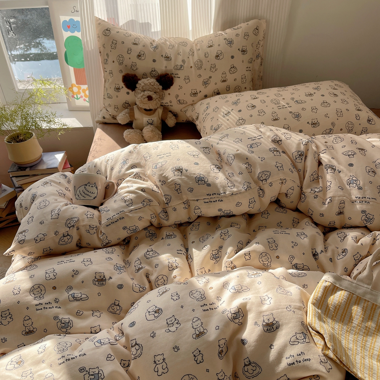 91家纺网 家纺一手货源 找家纺 萝莉家纺 2026新款全棉双层纱四件套 贪吃的猫