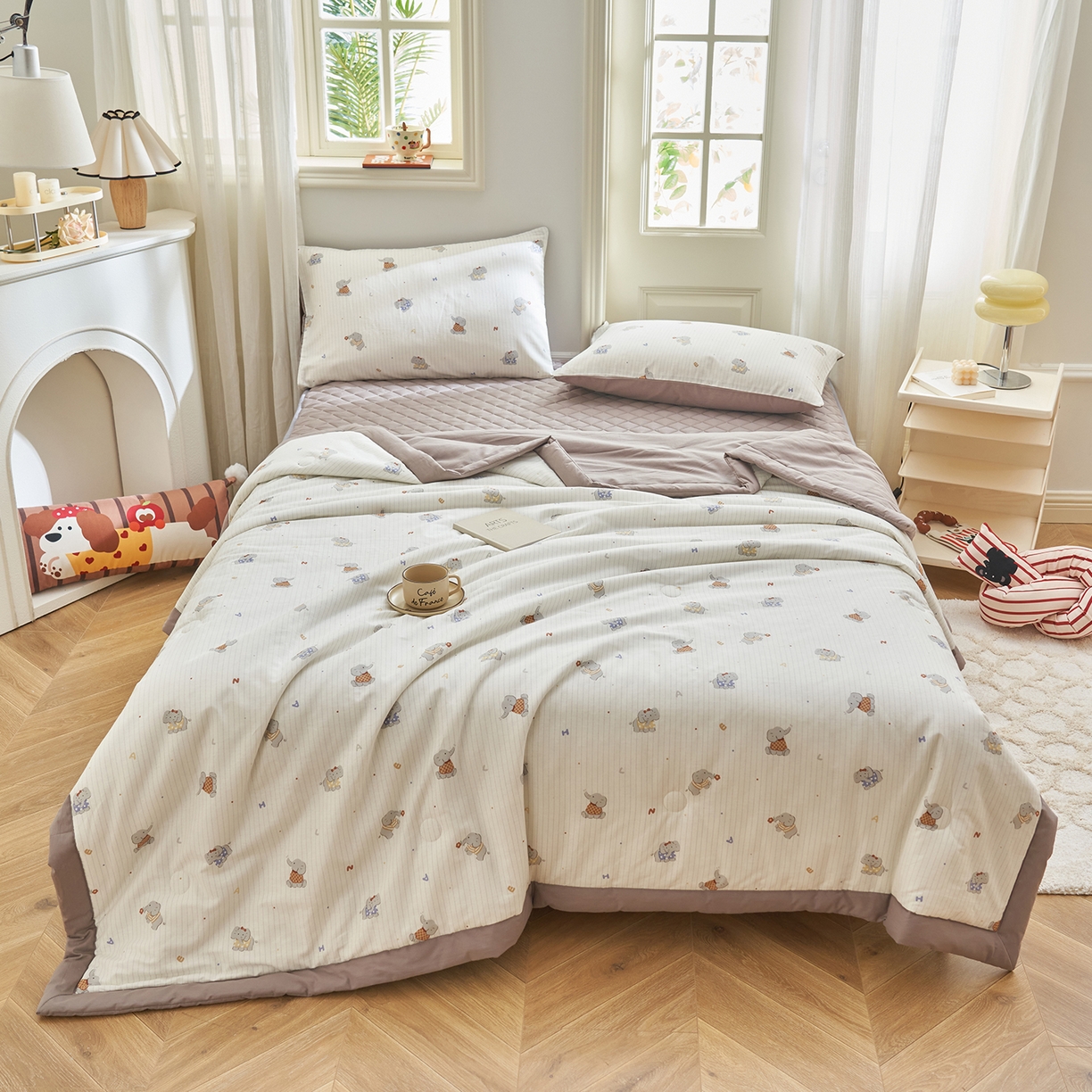 91家纺网 家纺一手货源 找家纺 绒城 2026新款 12868全棉印花棉花夏被四件套 全棉夏被四件套新疆棉花被 - 经典系列 小象乐园