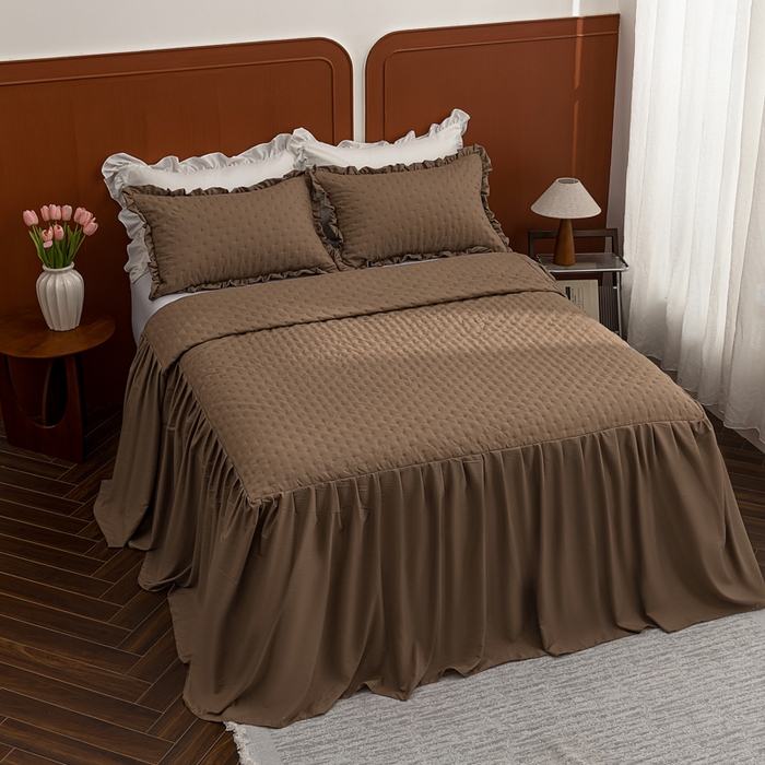 91家纺网 家纺一手货源 找家纺 恩和家纺 2026新款跨境专供米粒纹美式夹棉床罩 咖色