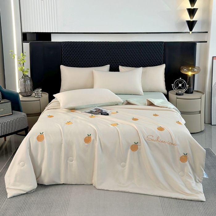 91家纺网 家纺一手货源 找家纺 益多眠 2026新款水洗真丝刺绣夏被夏凉被空调被四件套 橘子-奶白绿