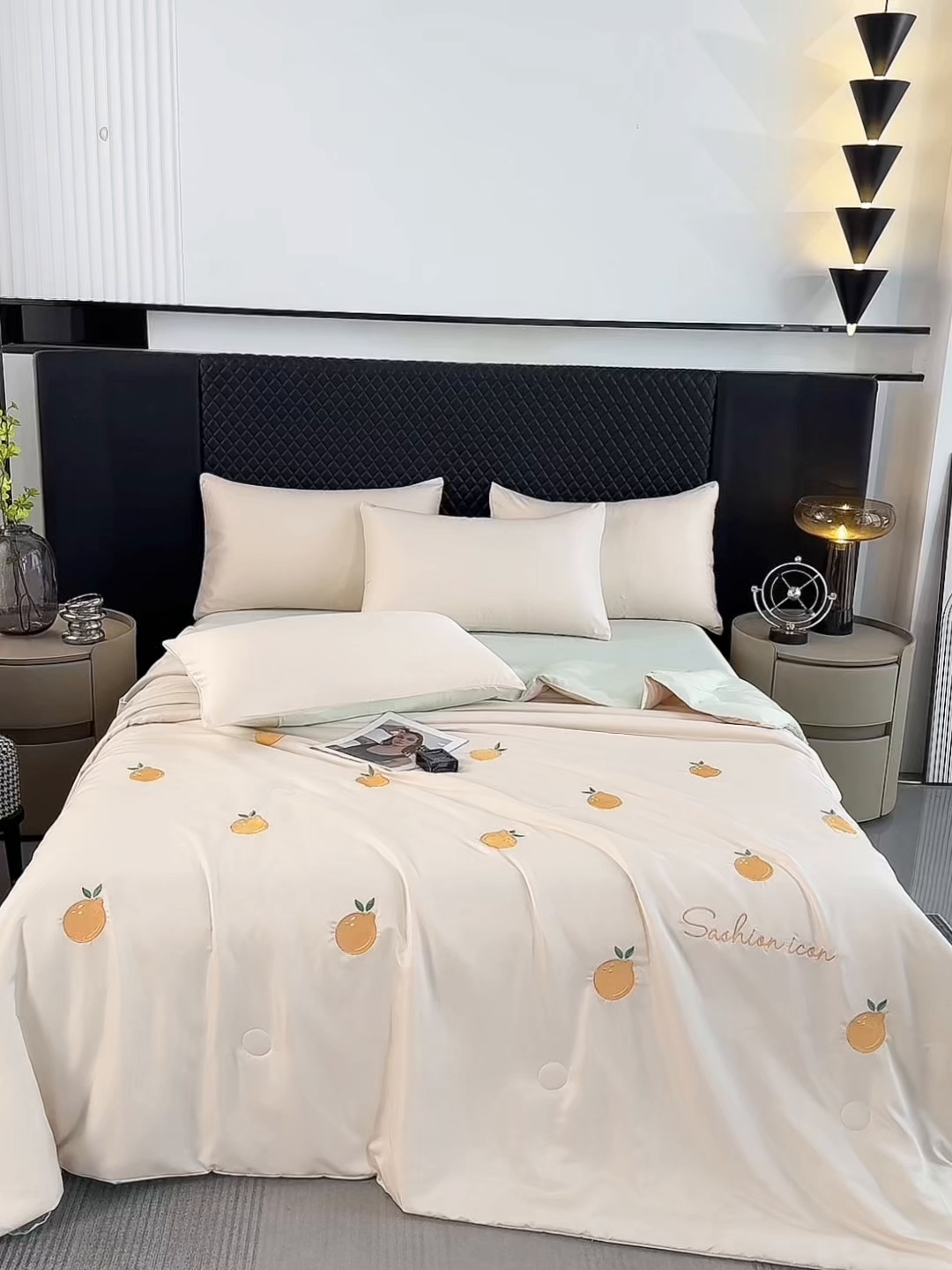 91家纺网 家纺一手货源 找家纺 益多眠 2026新款水洗真丝刺绣夏被夏凉被空调被四件套 橘子-奶白绿