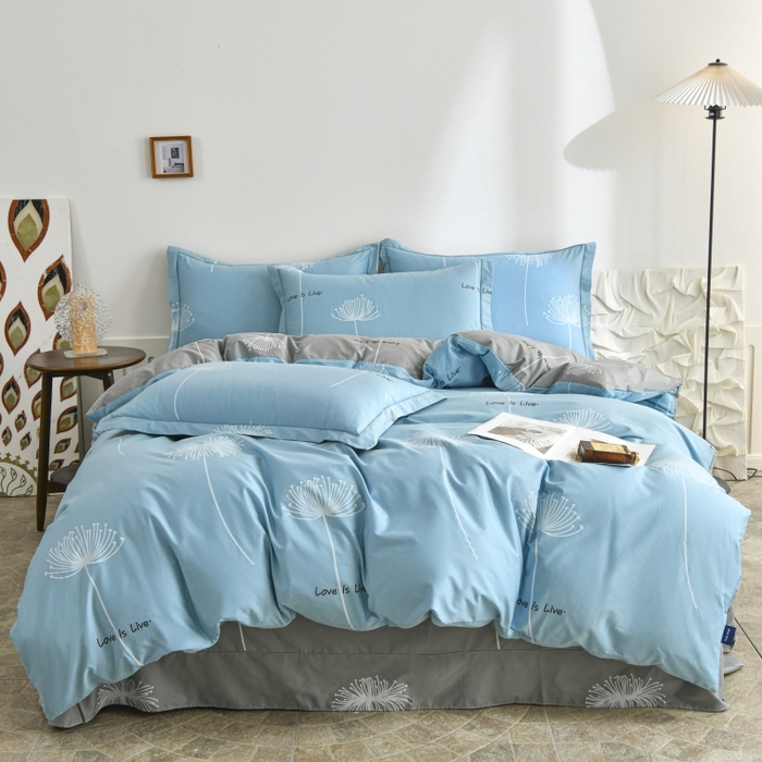 91家纺网 家纺一手货源 找家纺 磨毛世家家纺 206新款铂金凯丽全棉四件套 蒲公英之恋-蓝