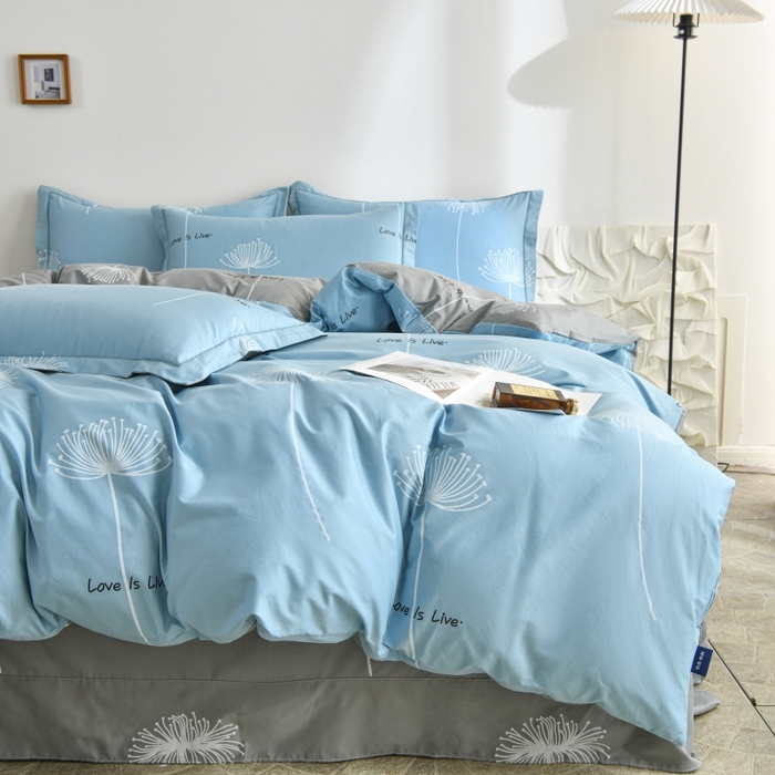 91家纺网 家纺一手货源 找家纺 磨毛世家家纺 206新款铂金凯丽全棉四件套 蒲公英之恋-蓝