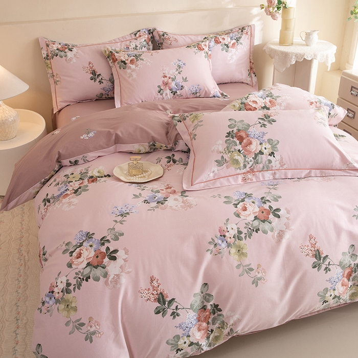 91家纺网 家纺一手货源 找家纺 磨毛世家家纺 206新款铂金凯丽全棉四件套 似水柔情-粉