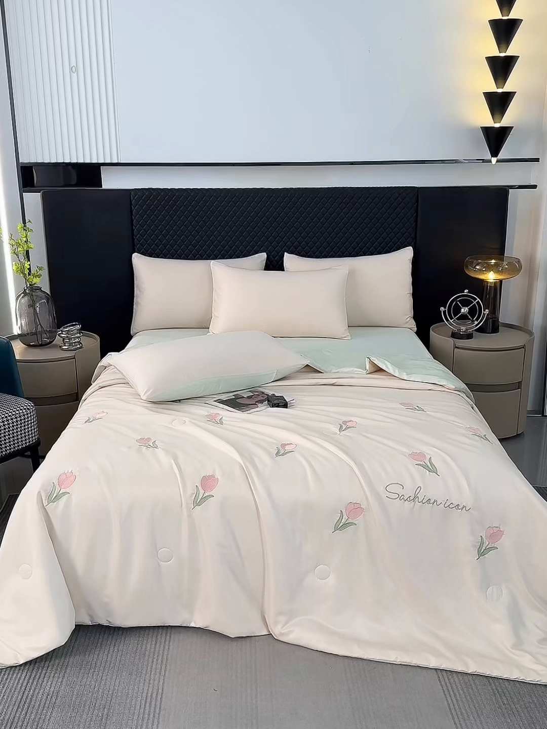 91家纺网 家纺一手货源 找家纺 益多眠 2026新款水洗真丝刺绣夏被夏凉被空调被四件套 郁金香-奶白绿