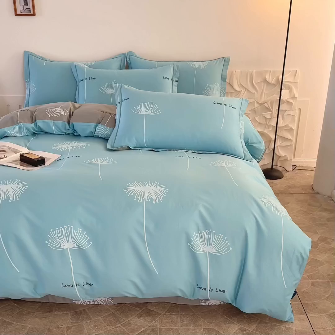 91家纺网 家纺一手货源 找家纺 磨毛世家家纺 206新款铂金凯丽全棉四件套 蒲公英之恋-蓝