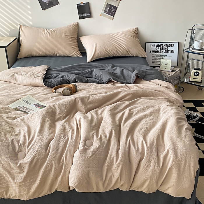 91家纺网 家纺一手货源 找家纺 益多眠 2026新款A类云柔水洗棉夏被夏凉被空调被四件套 奶茶+深灰