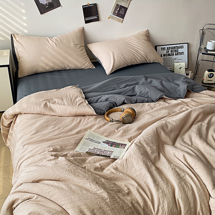 91家纺网 家纺一手货源 找家纺 益多眠 2026新款A类云柔水洗棉夏被夏凉被空调被四件套 奶茶+深灰