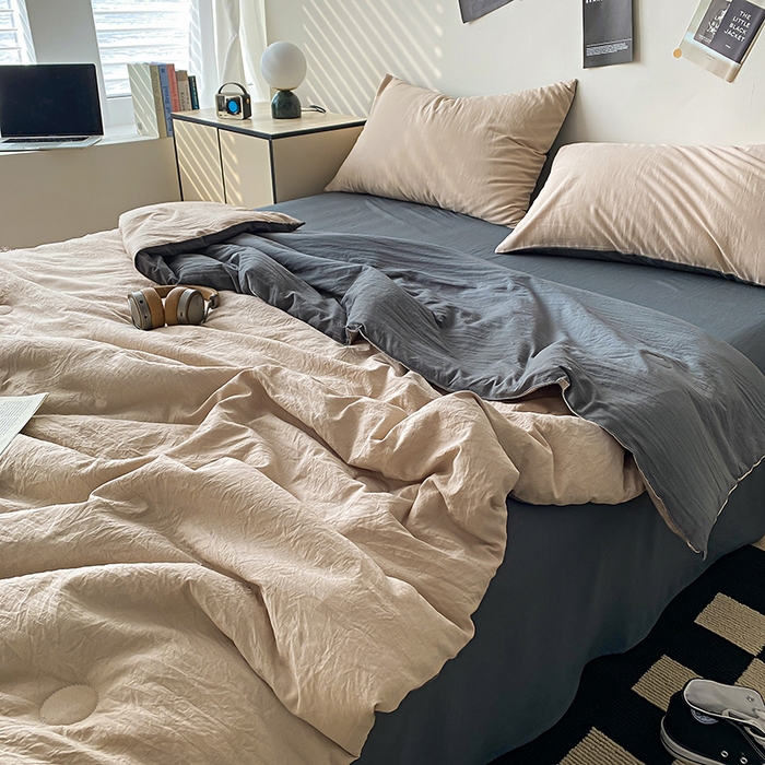 91家纺网 家纺一手货源 找家纺 益多眠 2026新款A类云柔水洗棉夏被夏凉被空调被四件套 奶茶+深灰