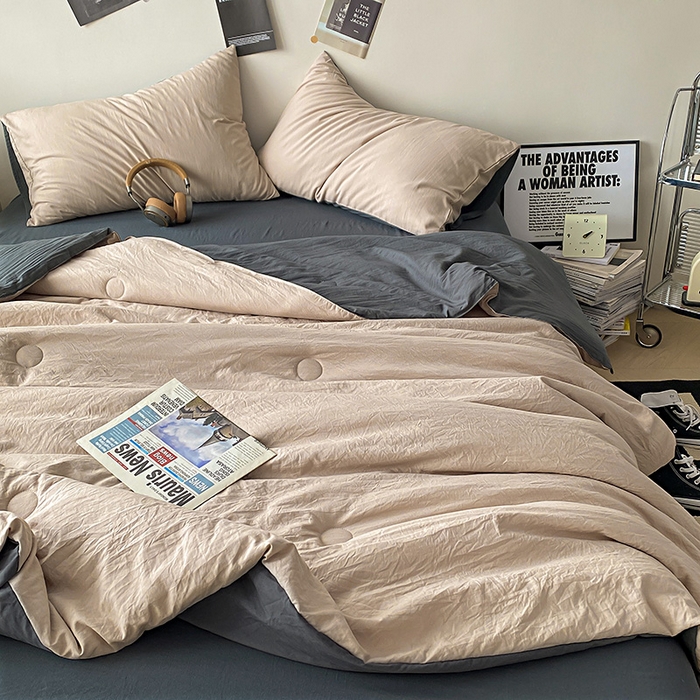 91家纺网 家纺一手货源 找家纺 益多眠 2026新款A类云柔水洗棉夏被夏凉被空调被四件套 奶茶+深灰