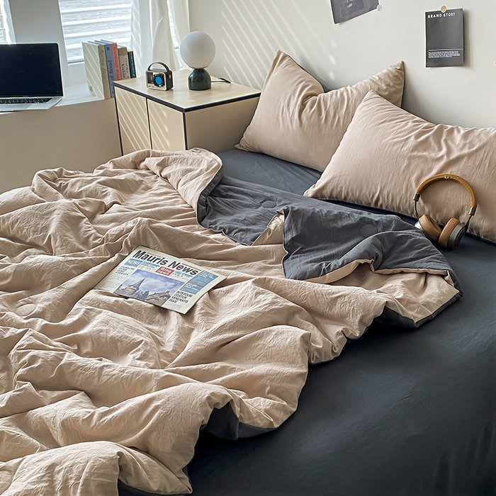 91家纺网 家纺一手货源 找家纺 益多眠 2026新款A类云柔水洗棉夏被夏凉被空调被四件套 奶茶+深灰