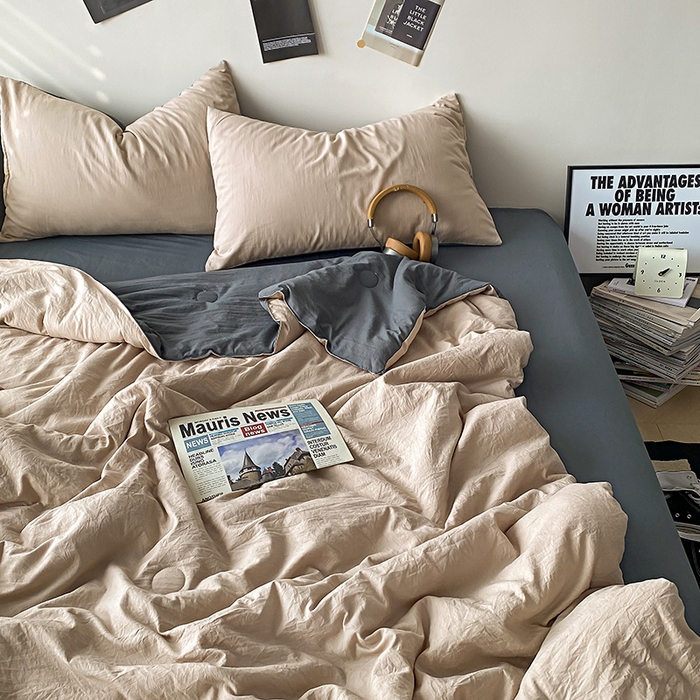 91家纺网 家纺一手货源 找家纺 益多眠 2026新款A类云柔水洗棉夏被夏凉被空调被四件套 奶茶+深灰