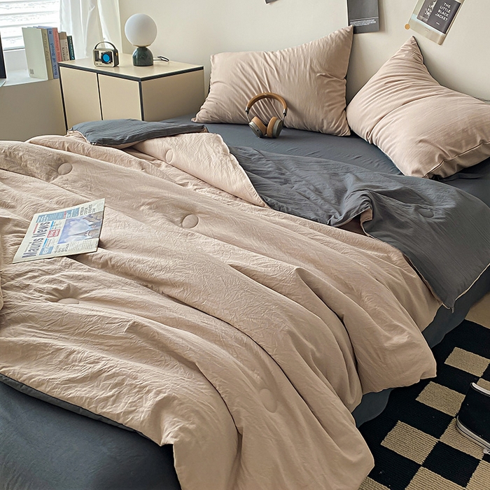 91家纺网 家纺一手货源 找家纺 益多眠 2026新款A类云柔水洗棉夏被夏凉被空调被四件套 奶茶+深灰