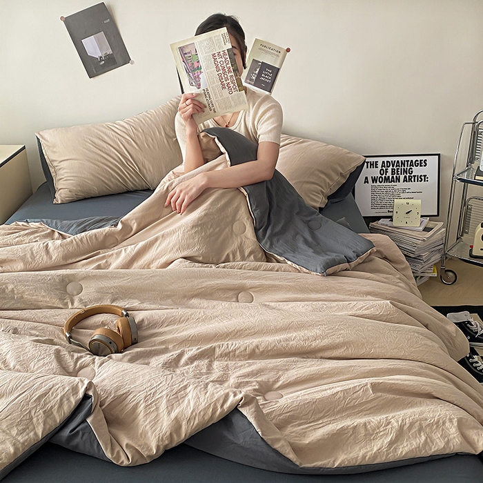 91家纺网 家纺一手货源 找家纺 益多眠 2026新款A类云柔水洗棉夏被夏凉被空调被四件套 奶茶+深灰