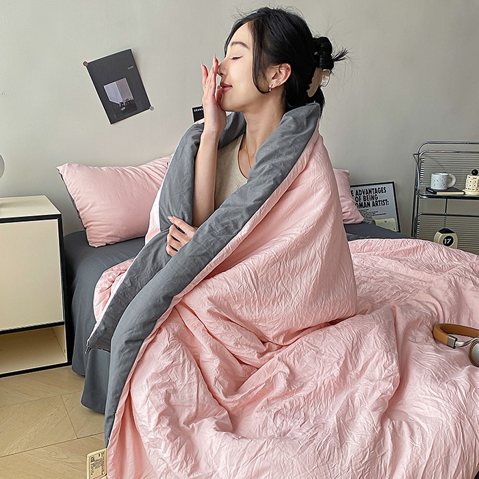 91家纺网 家纺一手货源 找家纺 益多眠 2026新款A类云柔水洗棉夏被夏凉被空调被四件套 少女+深灰