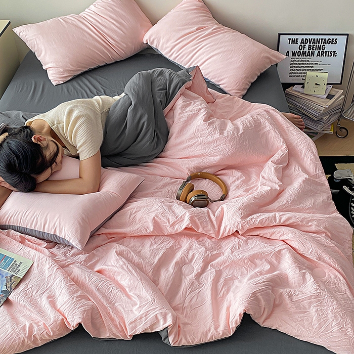 91家纺网 家纺一手货源 找家纺 益多眠 2026新款A类云柔水洗棉夏被夏凉被空调被四件套 少女+深灰