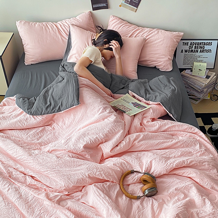 91家纺网 家纺一手货源 找家纺 益多眠 2026新款A类云柔水洗棉夏被夏凉被空调被四件套 少女+深灰