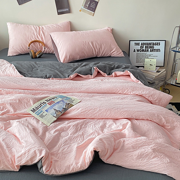 91家纺网 家纺一手货源 找家纺 益多眠 2026新款A类云柔水洗棉夏被夏凉被空调被四件套 少女+深灰