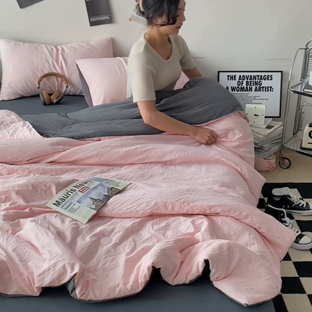91家纺网 家纺一手货源 找家纺 益多眠 2026新款A类云柔水洗棉夏被夏凉被空调被四件套 少女+深灰