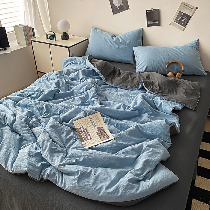 益多眠 2026新款A类云柔水洗棉夏被夏凉被空调被四件套 天蓝+深灰