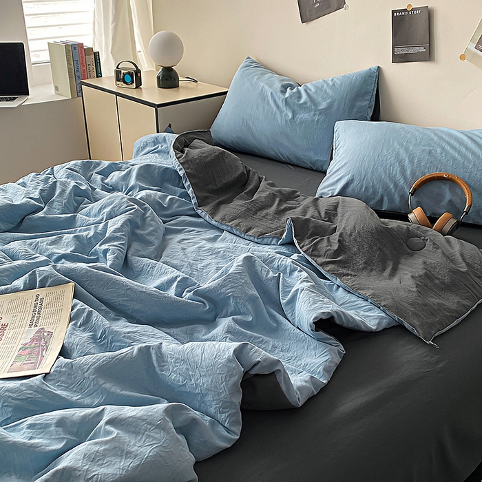 91家纺网 家纺一手货源 找家纺 益多眠 2026新款A类云柔水洗棉夏被夏凉被空调被四件套 天蓝+深灰
