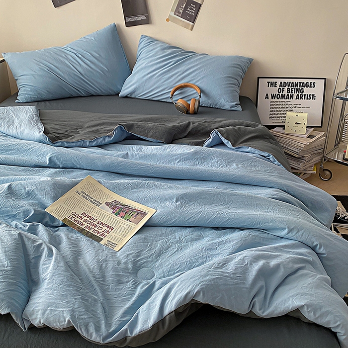 91家纺网 家纺一手货源 找家纺 益多眠 2026新款A类云柔水洗棉夏被夏凉被空调被四件套 天蓝+深灰