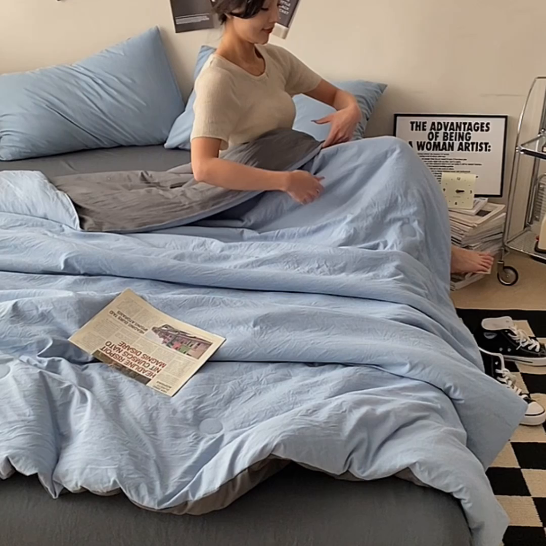 91家纺网 家纺一手货源 找家纺 益多眠 2026新款A类云柔水洗棉夏被夏凉被空调被四件套 天蓝+深灰