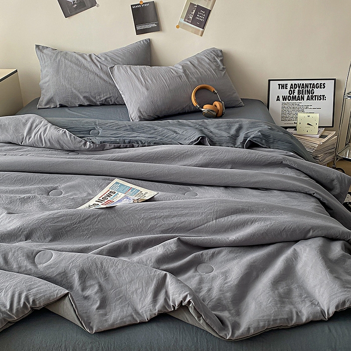 91家纺网 家纺一手货源 找家纺 益多眠 2026新款A类云柔水洗棉夏被夏凉被空调被四件套 烟灰+深灰