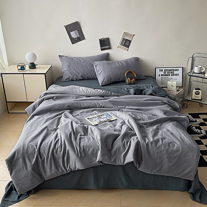 91家纺网 家纺一手货源 找家纺 益多眠 2026新款A类云柔水洗棉夏被夏凉被空调被四件套 烟灰+深灰
