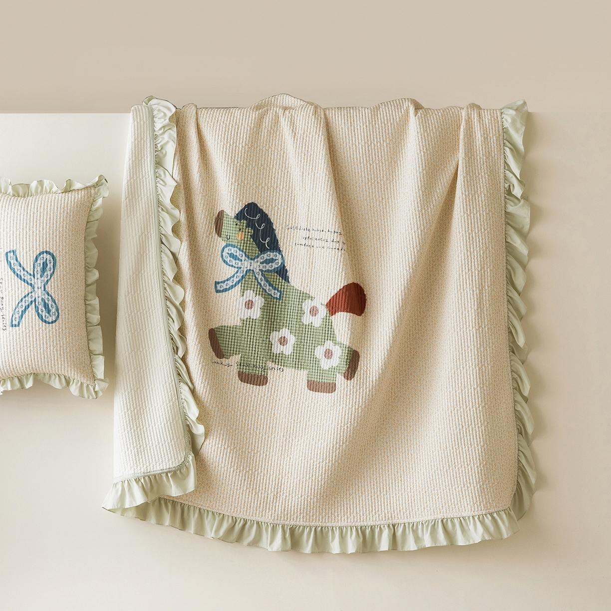 立奥被业 2026新品古法水洗棉夏被仿棉大版床盖防棉大版夏被 小马绿