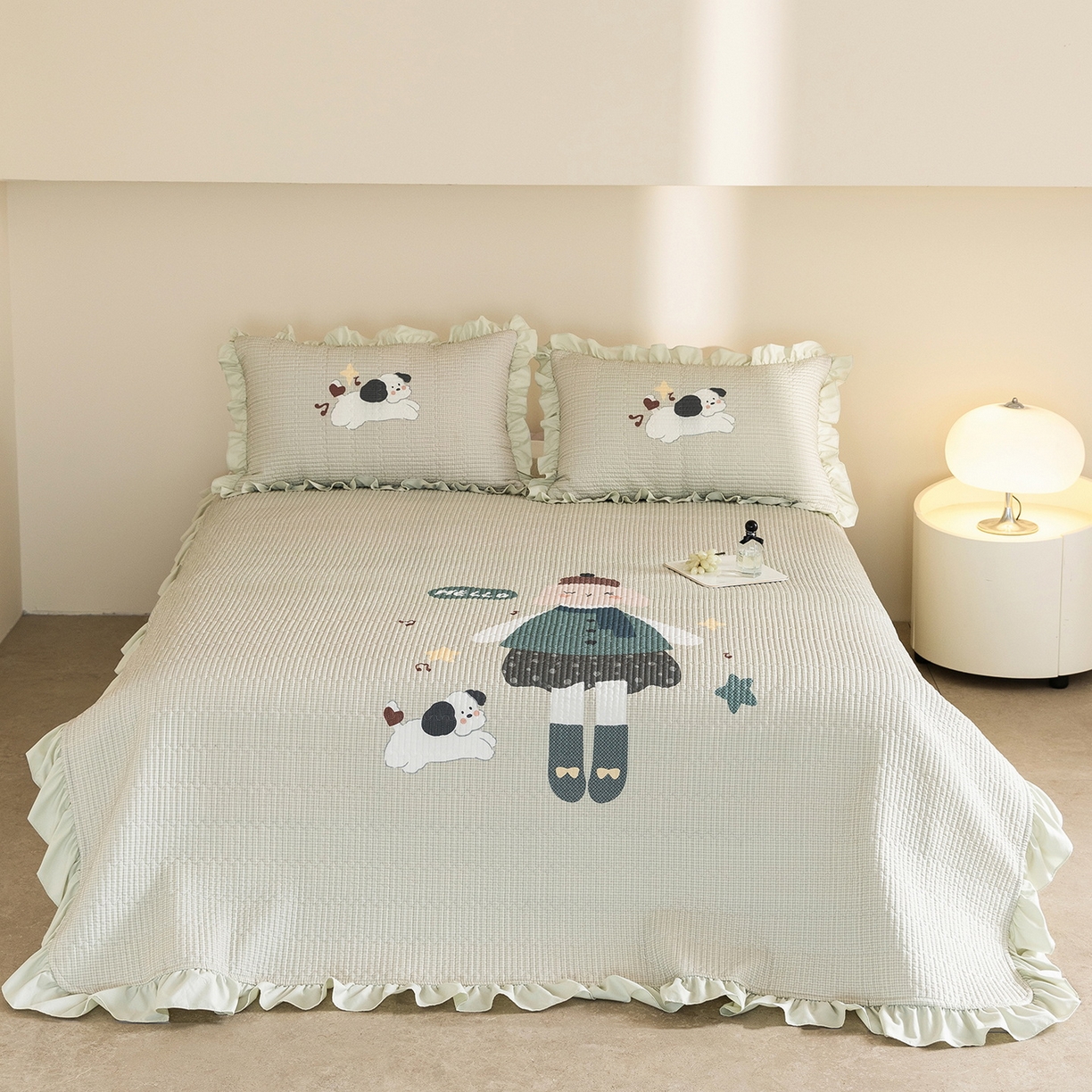 91家纺网 家纺一手货源 找家纺 立奥被业 2026新品古法水洗棉夏被仿棉大版床盖防棉大版夏被 童梦绿