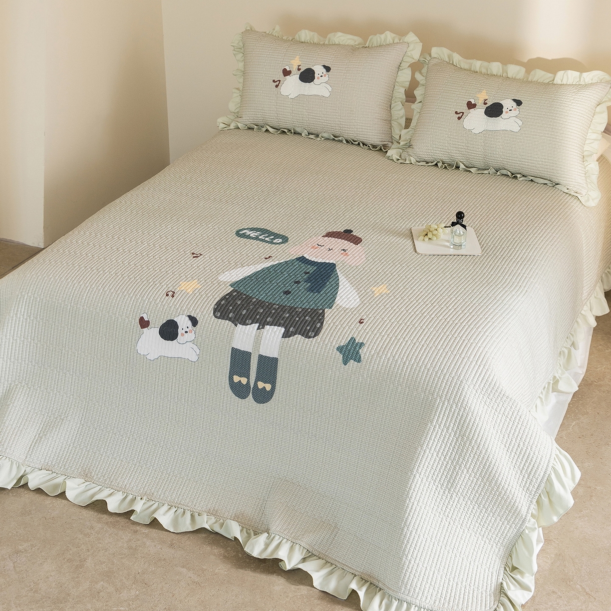 91家纺网 家纺一手货源 找家纺 立奥被业 2026新品古法水洗棉夏被仿棉大版床盖防棉大版夏被 童梦绿