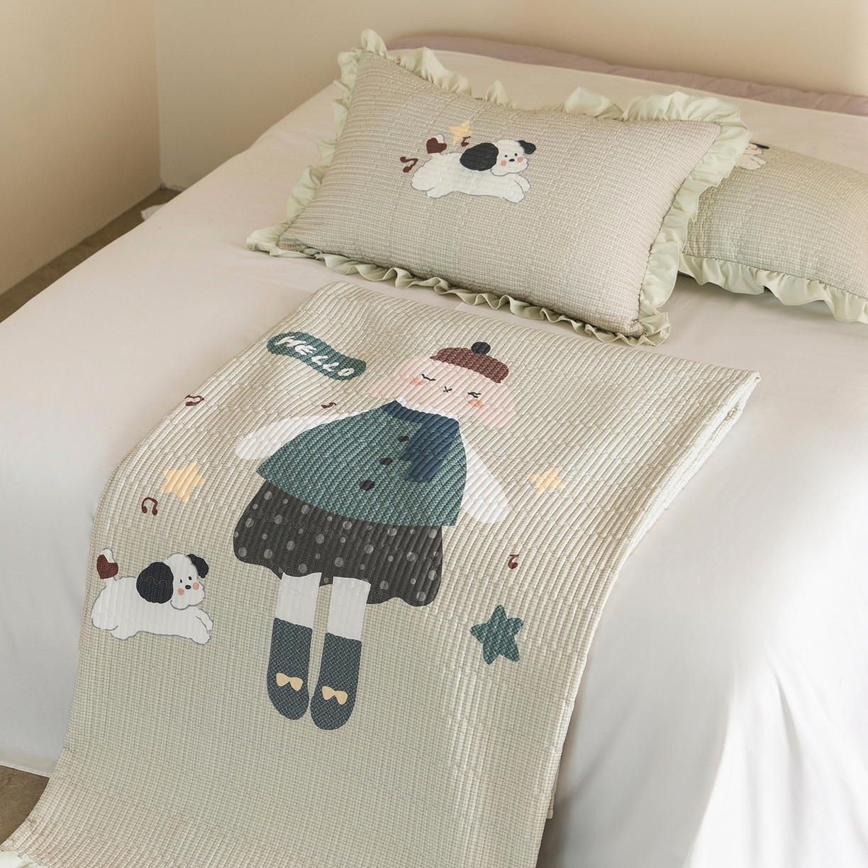 91家纺网 家纺一手货源 找家纺 立奥被业 2026新品古法水洗棉夏被仿棉大版床盖防棉大版夏被 童梦绿