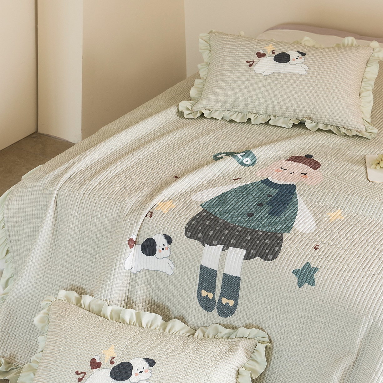 91家纺网 家纺一手货源 找家纺 立奥被业 2026新品古法水洗棉夏被仿棉大版床盖防棉大版夏被 童梦绿