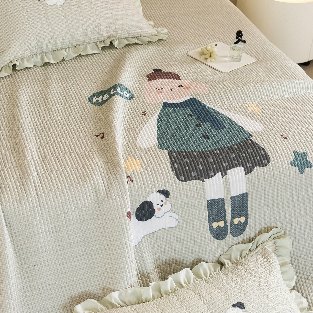 91家纺网 家纺一手货源 找家纺 立奥被业 2026新品古法水洗棉夏被仿棉大版床盖防棉大版夏被 童梦绿