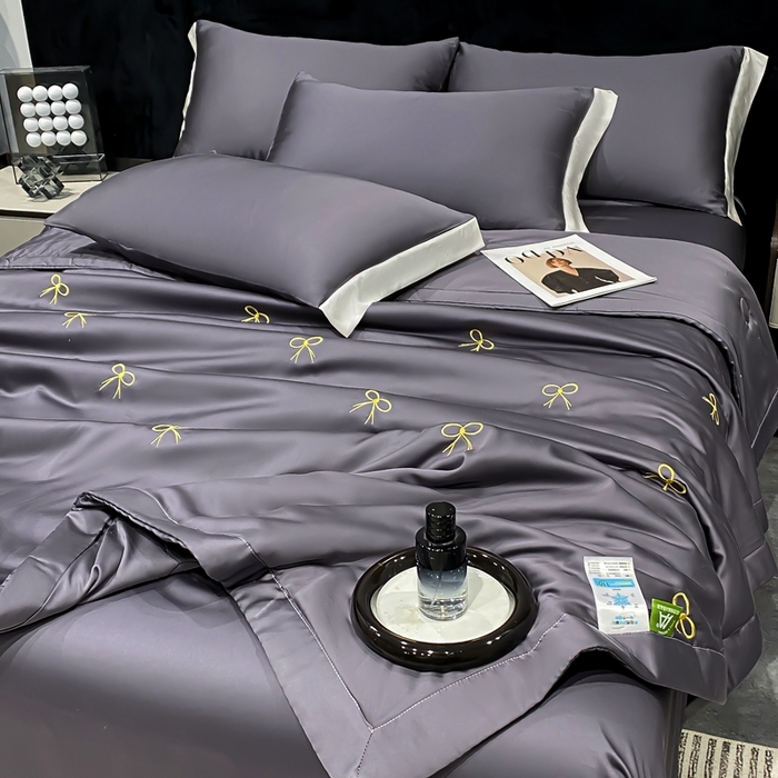 91家纺网 家纺一手货源 找家纺 益多眠 2026新款水洗真丝刺绣夏被夏凉被空调被四件套 蝴蝶结高级灰