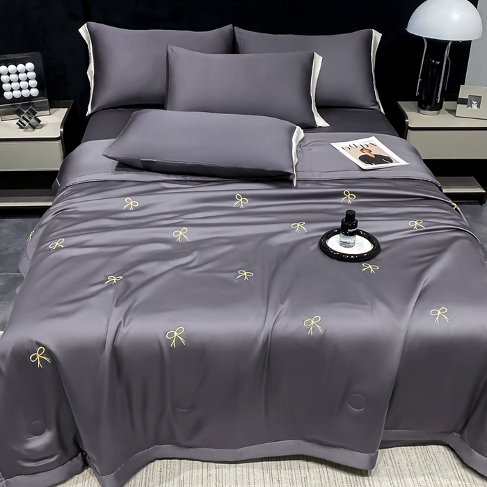 91家纺网 家纺一手货源 找家纺 益多眠 2026新款水洗真丝刺绣夏被夏凉被空调被四件套 蝴蝶结高级灰